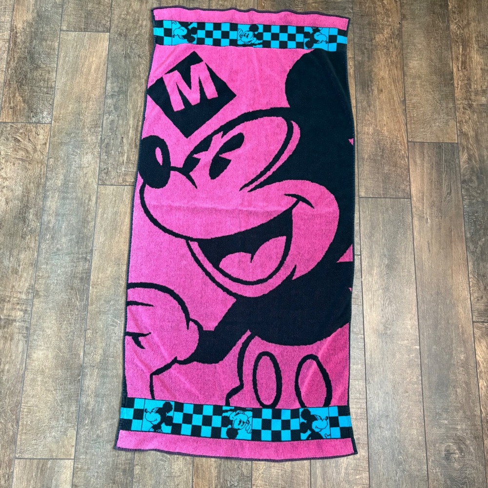 Vintage Mickey Unlimited Disney Beach Towel Pink Black Checkerboard Reversed